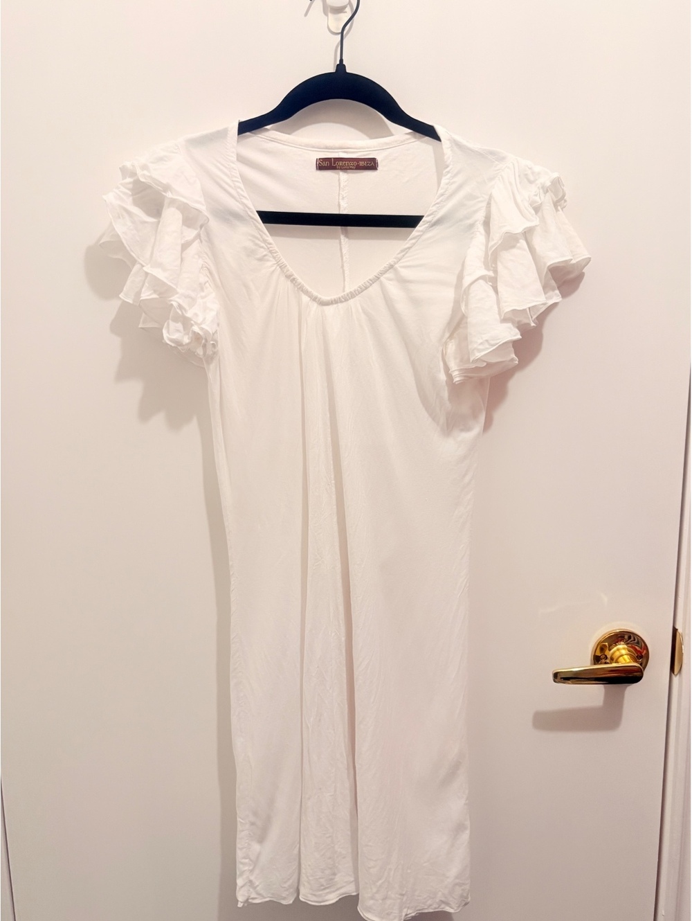 San Lorenzo Ibiza White Rayon Ruffle Sleeve Boho Mini Dress Size Small